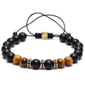 HOVANCI Handmade 8mm Braided Black Agate Beads Bracelet with Elastic Green Tiger Eyes CZ Ball Charm for Gifts and Weddings