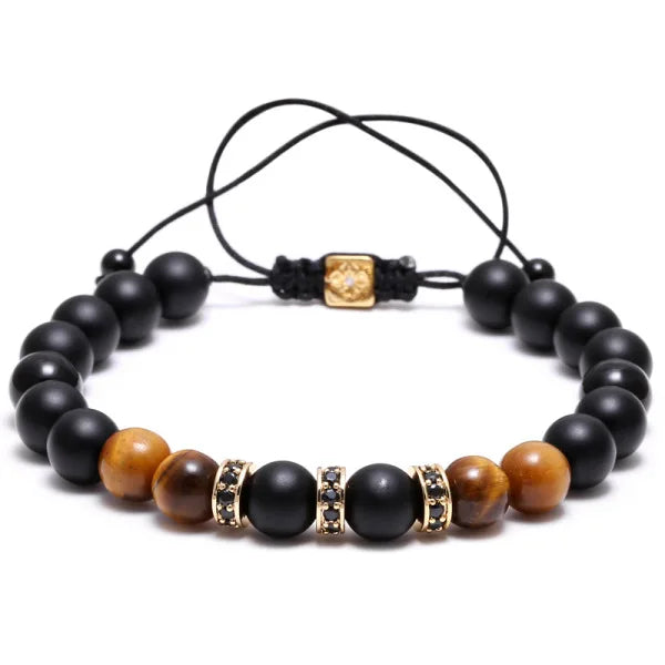 HOVANCI Handmade 8mm Braided Black Agate Beads Bracelet with Elastic Green Tiger Eyes CZ Ball Charm for Gifts and Weddings