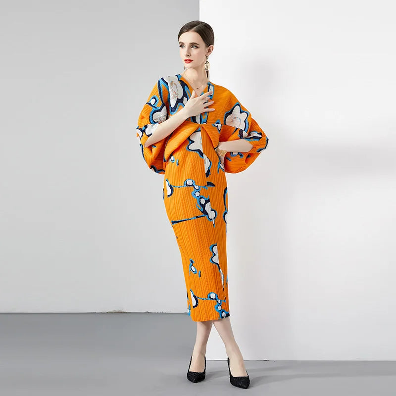 Wholesale Bohemian Pleated Knee-Length Chiffon Women's Evening Dress Floral Print Long Sleeves Natural Waistline 100% Polyester