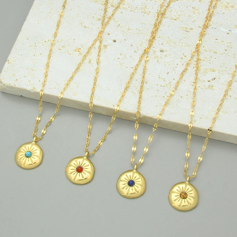BSWEET Punk Style Gold Plated Stainless Steel Natural Stone Necklace Engraved Texture Fashion Jewelry Accessories for Women