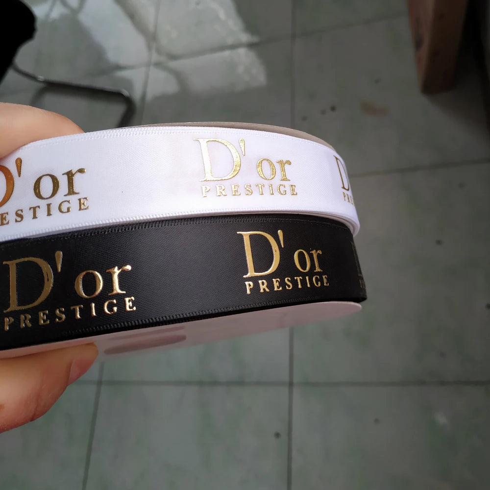 Customize 1.5cm Luxury Brand logo Ribbon Satin Ribbon Embossed Gold/silver/metallic logo for Gift Box Packing