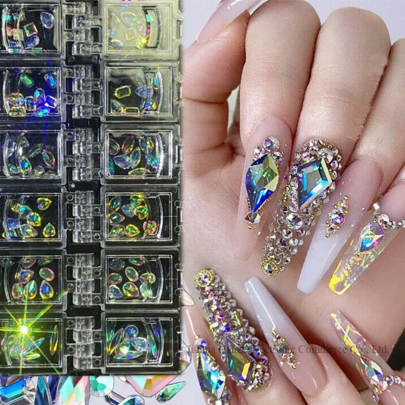 GREENKEM 12 Slot Box Shiny 3D Nail Crystal Diamond Gemstone Grass Sequin Glitter Art Decorations Crystal AB Big Nail Rhinestones