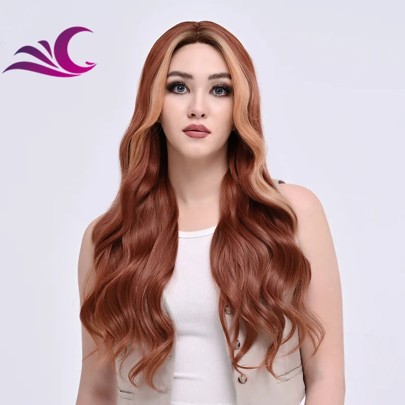 Middle Part Highlight Red Ginger Long Wavy Synthetic Wig Cosplay Wig Heat Resistant