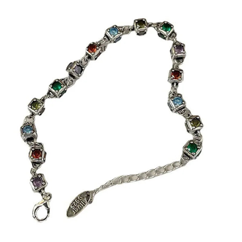 Adjustable Size Colorful Diamond Cubic Zirconia 925 Sterling Silver Bracelets for Women/Girl Dice Design Vintage Fashion Jewelry