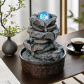 Zen Rock Waterfall Fountain with Blue LED Sphere Multi-Tier Stone-Style Resin Fountain for Home or Office Desk