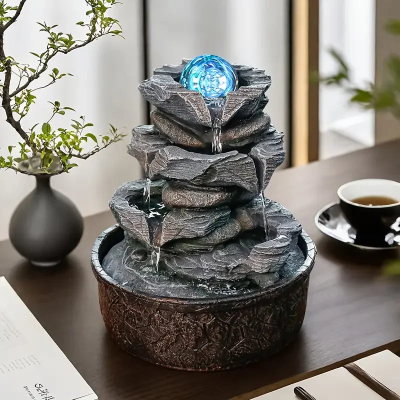 Zen Rock Waterfall Fountain with Blue LED Sphere Multi-Tier Stone-Style Resin Fountain for Home or Office Desk