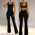 Aoyema Women One Pieces Yoga Jumpsuit Nylon Sleeveless Flare Pant Backless Romper Hip Lift Fitness Leg Flares Running Jumpsuit