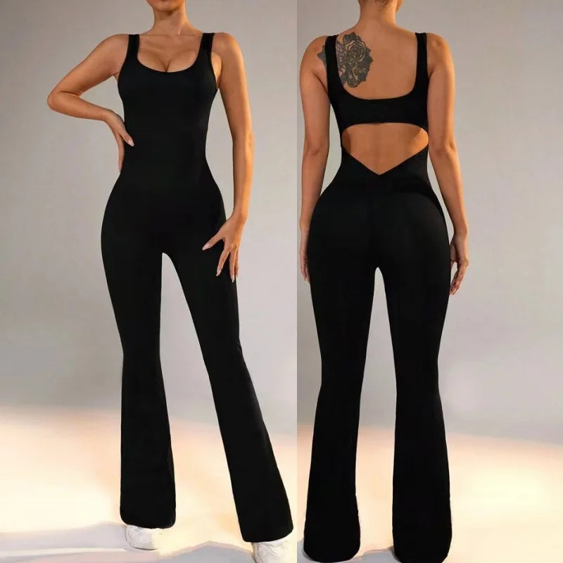 Aoyema Women One Pieces Yoga Jumpsuit Nylon Sleeveless Flare Pant Backless Romper Hip Lift Fitness Leg Flares Running Jumpsuit