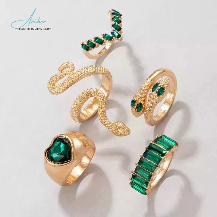 Fashion Hot-Sale Green Crystal Heart Ring Women Snake Ring Set