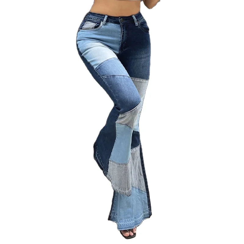Fashion High Waist Wide Leg Denim Jeans Women Jeans Flare Patchwork Jeans for Women