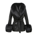 Jancoco Wholesale New Arrival Fox Fur Collar Trim Leather Coat Women Black Genuine Leather Fur Jacket With Fur