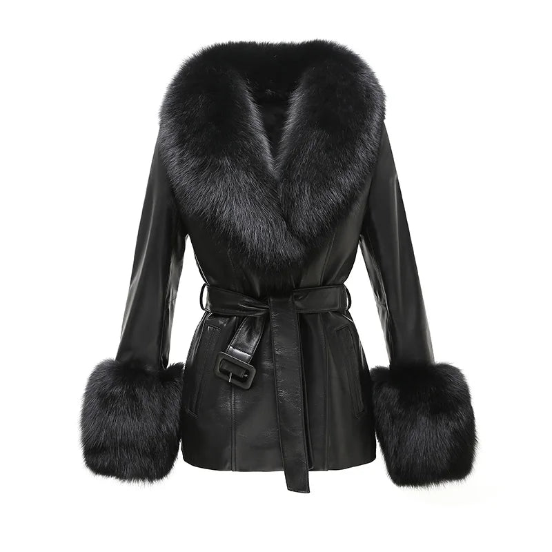 Jancoco Wholesale New Arrival Fox Fur Collar Trim Leather Coat Women Black Genuine Leather Fur Jacket With Fur