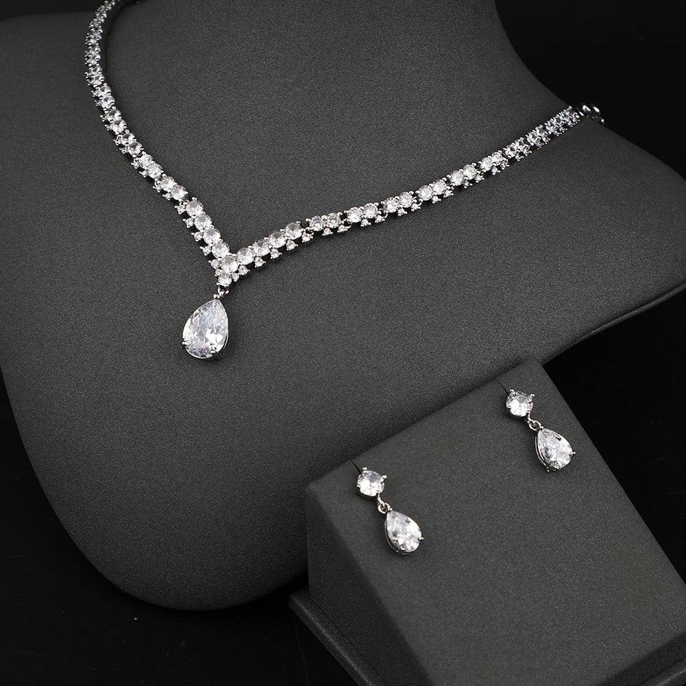 High Quality Classic Elegant Earrings Necklace Sets Jewelry Women Full Zircon Platinum Plated Bridal Jewelry Set
