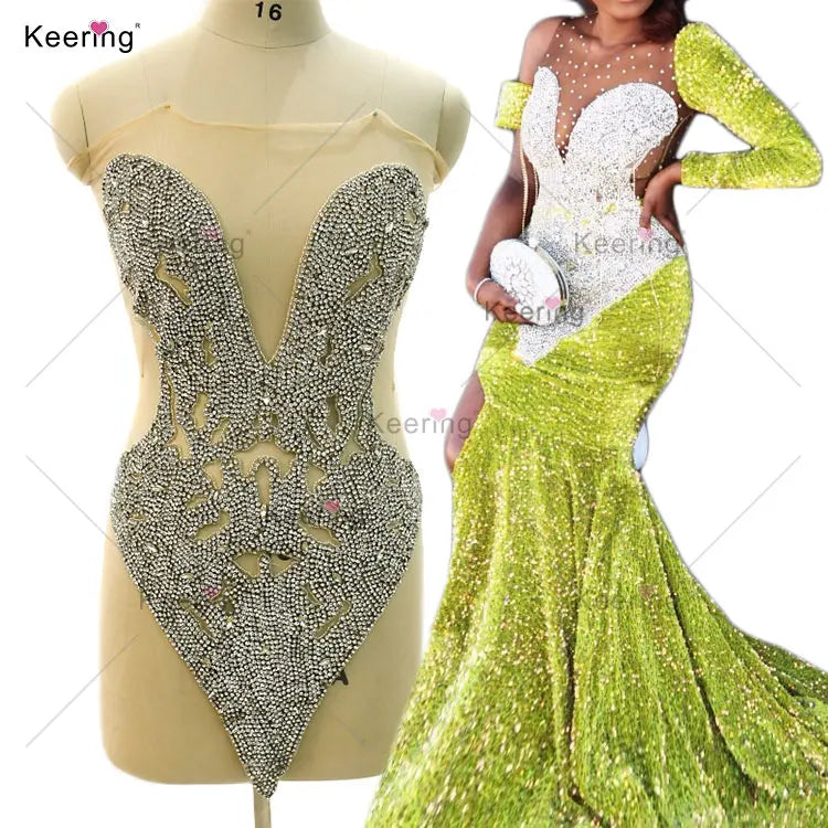 WDP-432 Newest Silver Rhinestone Bodice Appliques Handmade Bodice Applique Luxury Crystal Applique for Ball