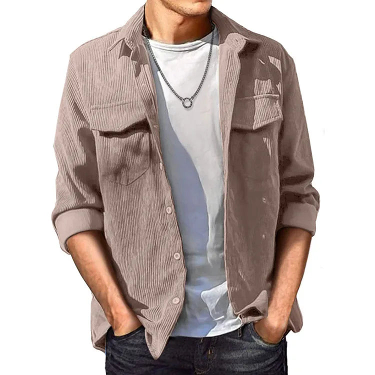 Autumn Mens Corduroy Button Down Shirts Casual Custom Logo Turn Down Collar Plain Long Sleeve Shirts With Flap Pocket