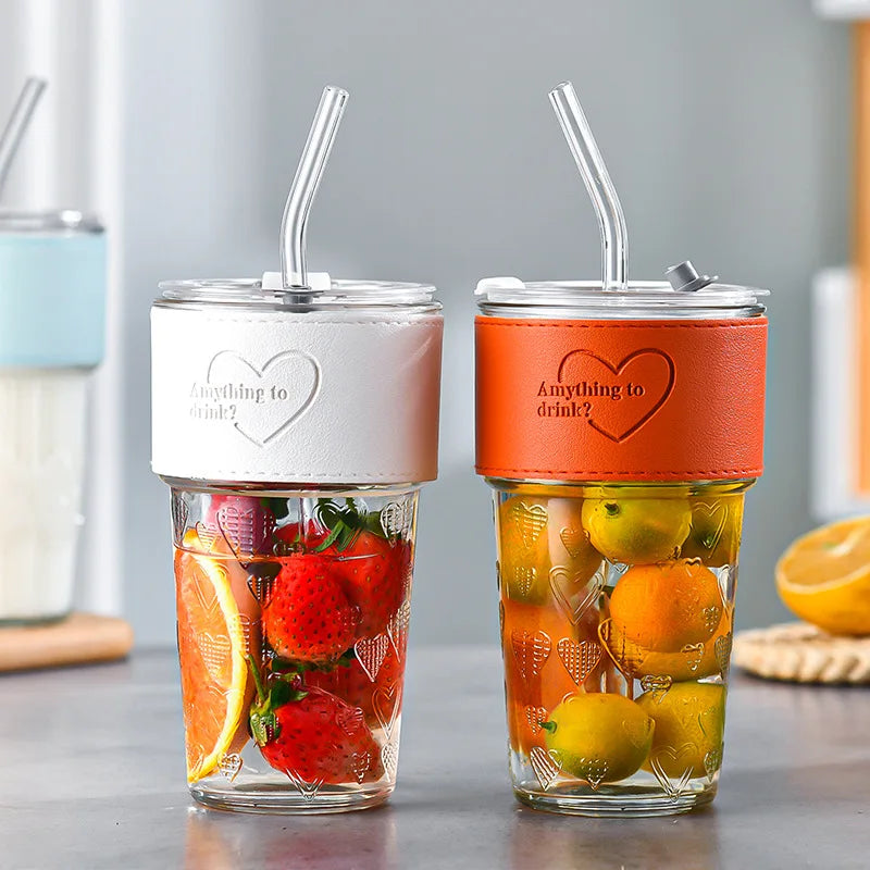 Glass Straw Cup Insulated Leather case Coffee Cup Office Milk Tea Juice Drink Cup