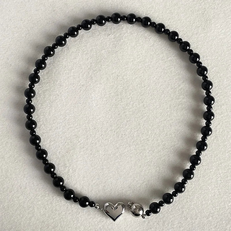 Fashion Silver Plated Brass Heart Clasp Chokers Natural Stone Black Agate  Beaded Short Necklace Jewelry Gifts