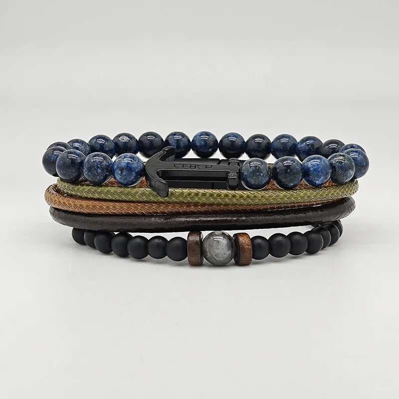 Ilona Men's Nautical Bracelet Set with Black Anchor Charm Sodalite Stone & Braided Leather Beaded Stackable Jewelry Wholesale