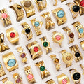 Vintage Style French Natural Stone Stainless Steel Ring 18k Gold Plated Ring Cz Zircon Mix Bulk Gemstone Opening Adjustable Ring