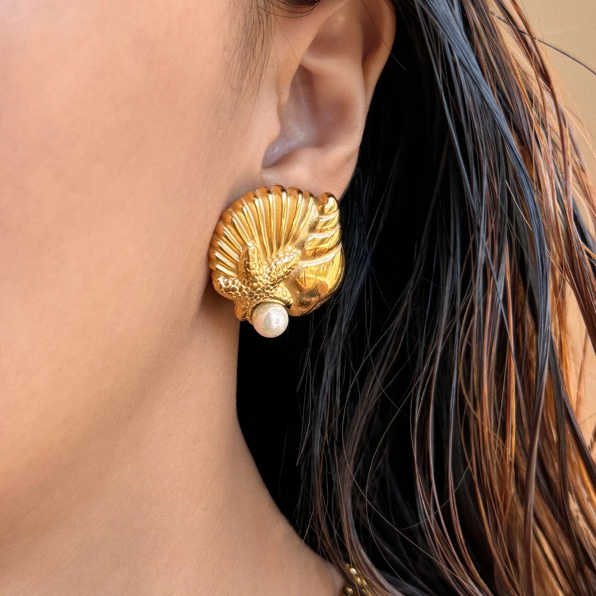 2024 Dazan New Autumn 18k Gold Plated Hypoallergenic Stainless Steel Bohemia Scallop Starfish Ocean Ins Pop Pearl Style Earrings