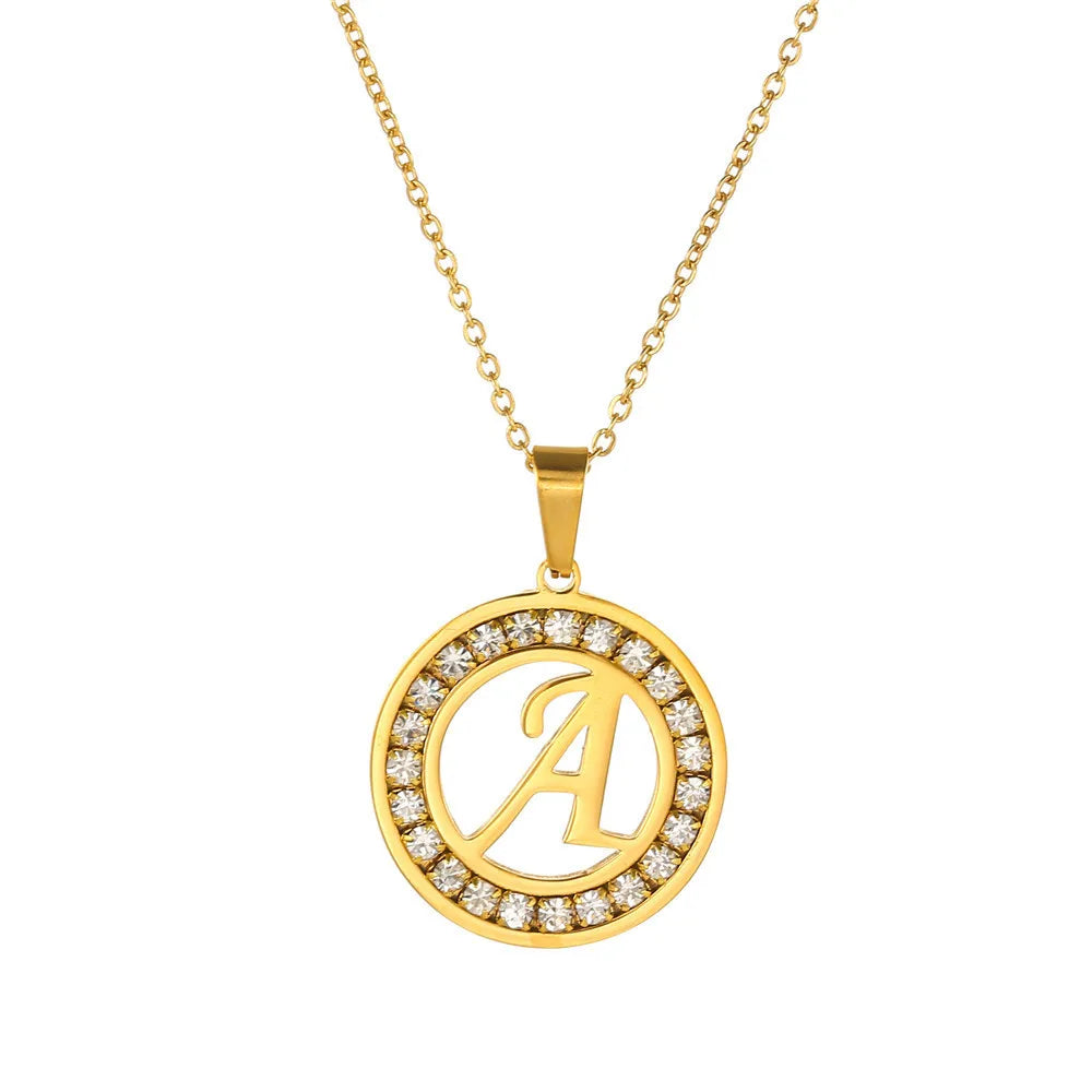 New Fashion Stainless Steel Round Diamond 26 Letter Pendant Necklace Simple Golden English Letter Necklace Jewelry Women