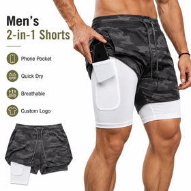Custom Logo Mens 2 in 1 Gym Shorts with Phone Pocket Quick Dry Workout Running Shorts