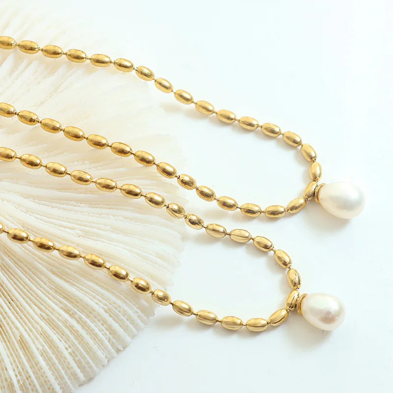 New Arrival 18k Gold Plated Beaded Jewelry Stainless Steel Oval Bead Chain Pearl Pendant Necklace