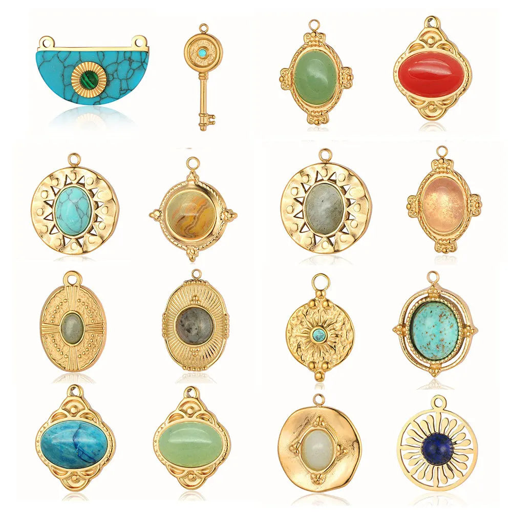 Beimai OEM Retro Natural Stone DIY Accessories Oval Key Stainless Steel 18k Gold Plated Charms for Jewelry Making Pendant