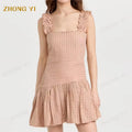 2024 Best Sale Factory Price Women Custom Lace Embroidery Plaited Ruffle Shoulder Straps Mini Dress Cotton Bubble Hem Dress