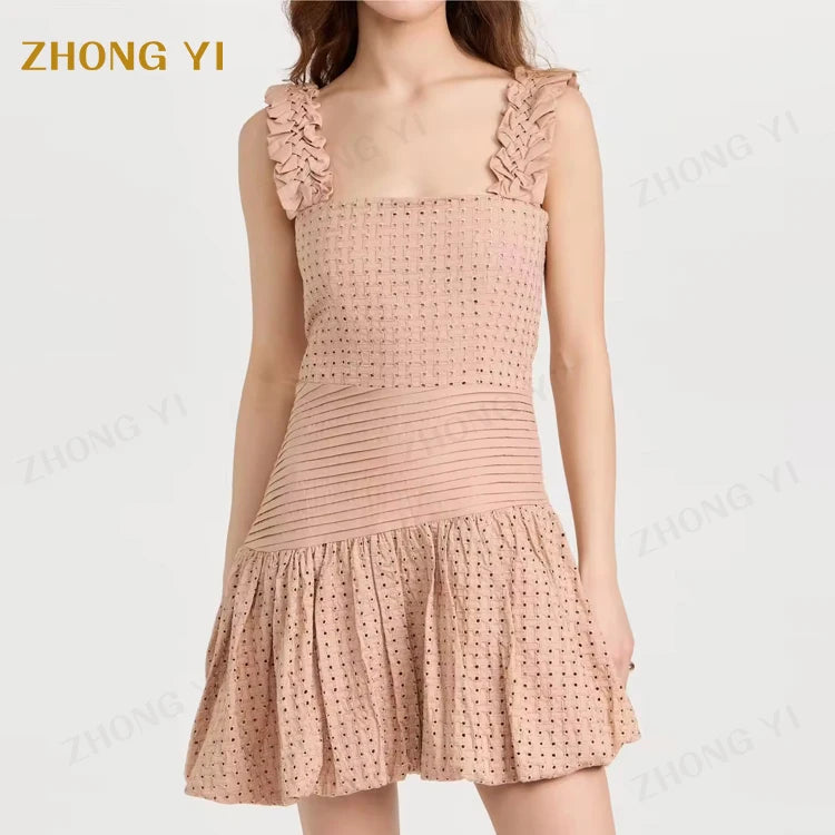 2024 Best Sale Factory Price Women Custom Lace Embroidery Plaited Ruffle Shoulder Straps Mini Dress Cotton Bubble Hem Dress