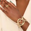 2024 New Style Metal Gold Color Large Thick Heart Open Cuff Armband Bracelet Ring Set for Women Jewelry