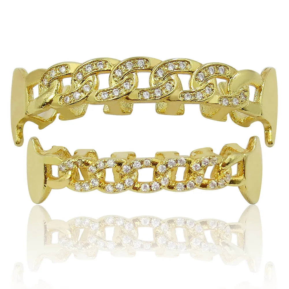 Hiphop Iced Out Zircon Hollow Teeth Grillz Brass Gold-Plated Anniversary Body Jewelry Set for Men's Rapper Gift