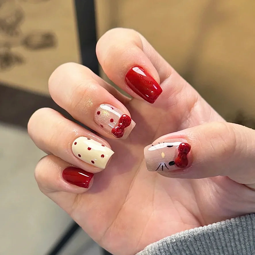 24 Pcs Autumn and Winter Sweet Cat Nail With 3D Rhinestone Bow Art Acrylic Press on Nails Artificial Fingernails False Nail 3597