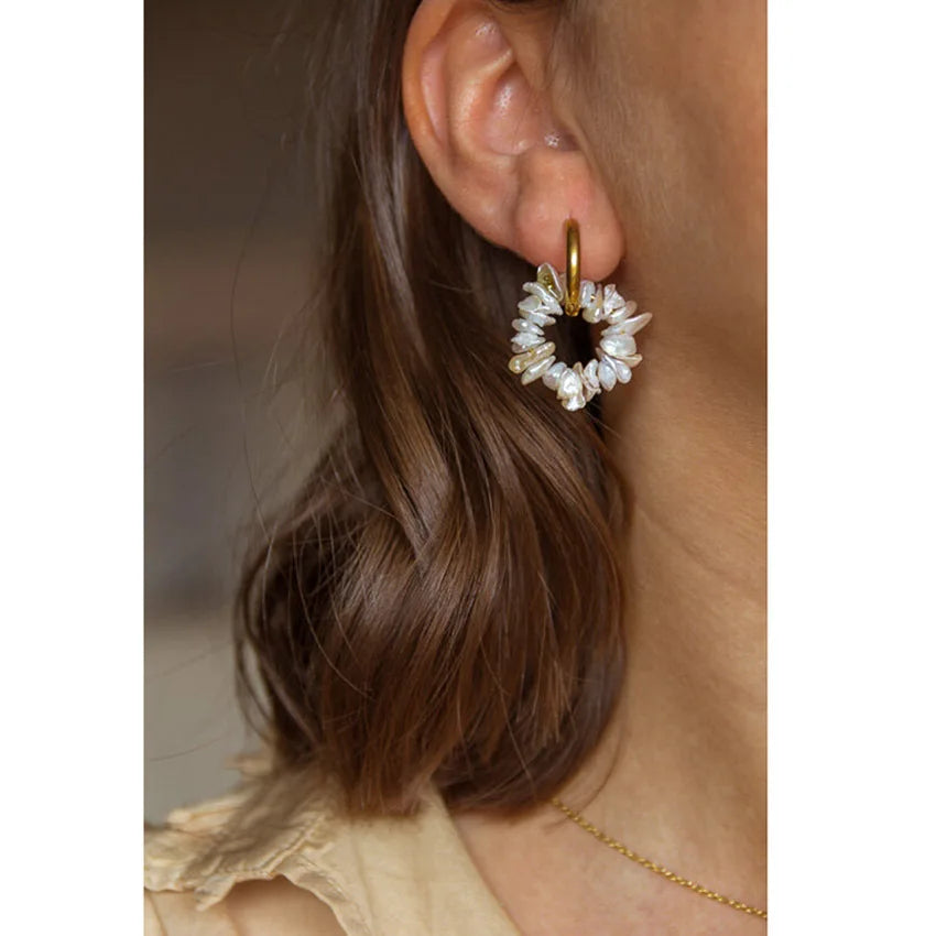 Bohemia Instagram Simple 18K PVD Plated Stainless Steel Irregular Natural Freshwater Baroque Pearl Beads Earrings