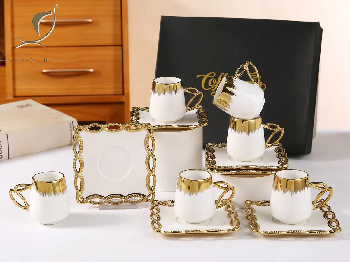2026 New Arrived Qian Hu Ethiopian Marble Porcelain Teapot Coffee Cup Set Traditional Art Customization Logo for Gift One Set