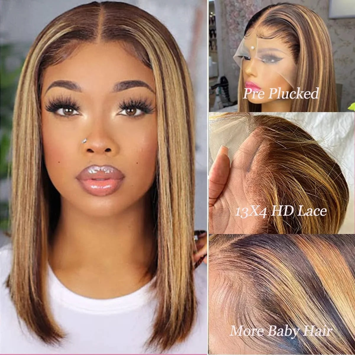 4/27 Blonde and Brown Highlight Wigs 13X4 Lace Frontal Brazilian Blonde Highlight Ombre Colored Bob Wig