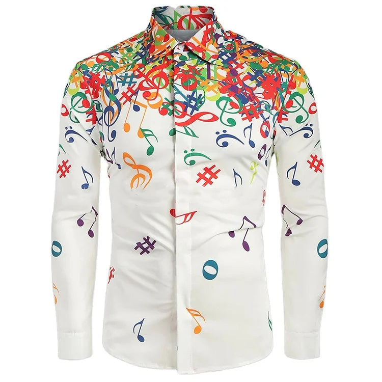 Autumn Men Shirts Casual Musical Note Printed Long Sleeve Turndown Collar Shirt Blouse Top for Men Fashion Clothing