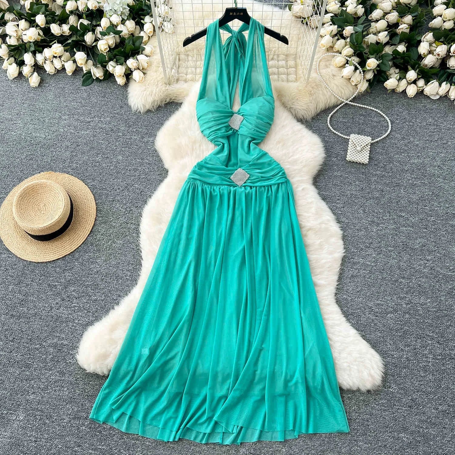 Summer Beach Vacation Fairy Dresses Woman Temperamental Intersect Diamond A-line Halter Dresses Long Prom Dress
