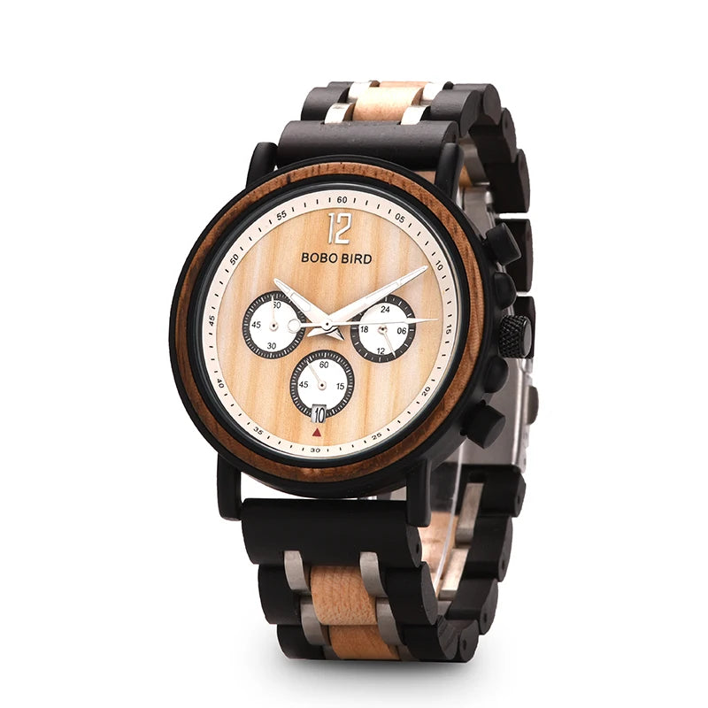 For BOBO BIRD Custom Logo Relogio Masculino Men's Sport and Fashion Wood Chronograph Watch with Stainless Steel Band OEM