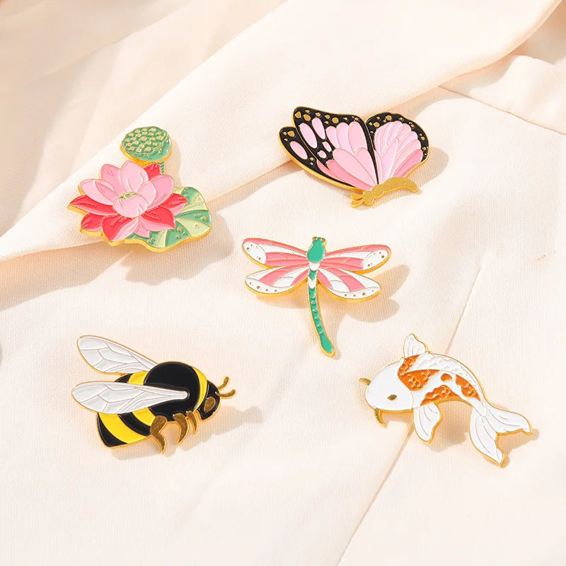 Spot Wholesale Beautiful Flowers Pins Carp Lotus Bee Metal Soft Enamel Lapel Pin