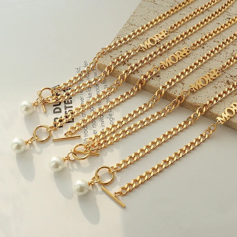 Punk Fashion 18k Gold Plated Titanium Steel Jewelry New Trendy Pearl OT Buckle Pendant Necklaces More Letter Choker Necklace