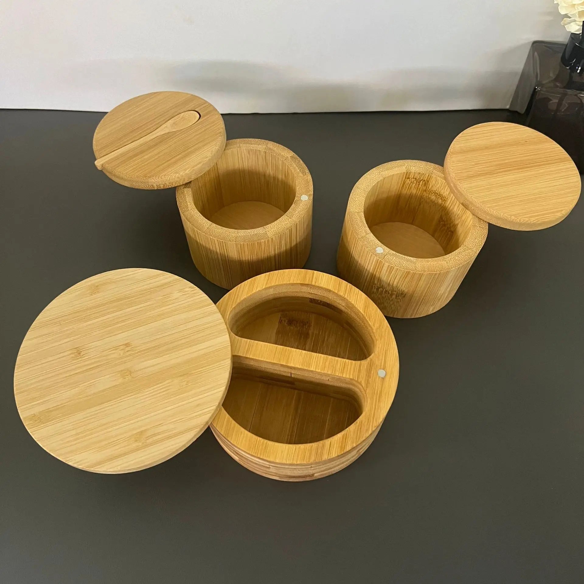 3 Compartment Round Salt Container Bamboo Salt Cellar  Kitchen Spice Pepper Seasoning Salt Box with Swivel Magnetic  Lid