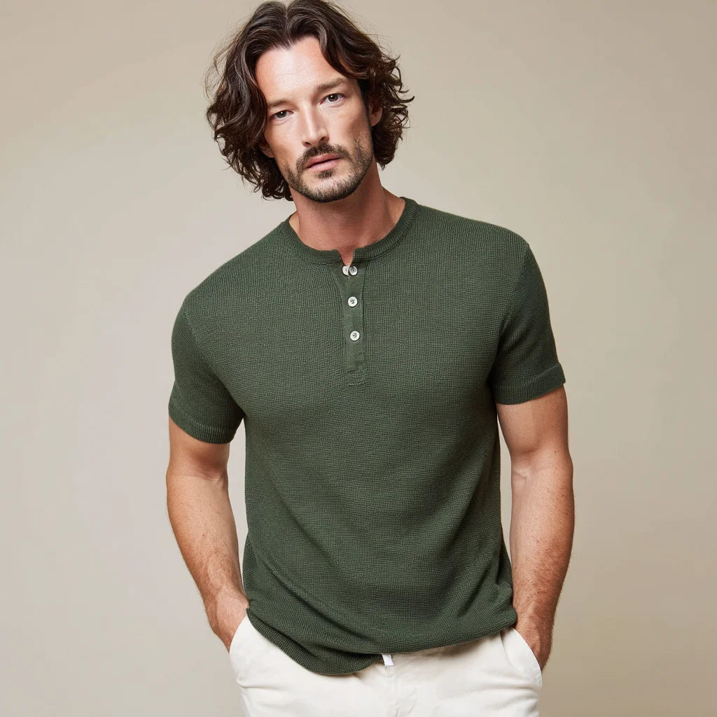 Men's Breathable Short-Sleeve Knit Henley Casual Cotton-Modal Blend Pullover with Anti-Shrink & Anti-Wrinkle Features for Summer
