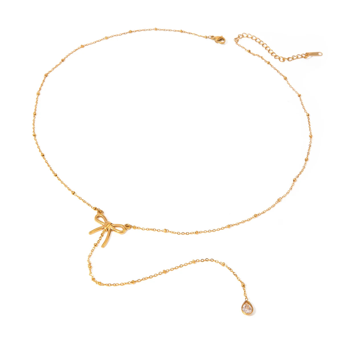 Y Necklace 18K Gold Plated Stainless Steel Bow Tie CZ Tear Drop Stone Pendant Necklace Bikinis Necklace