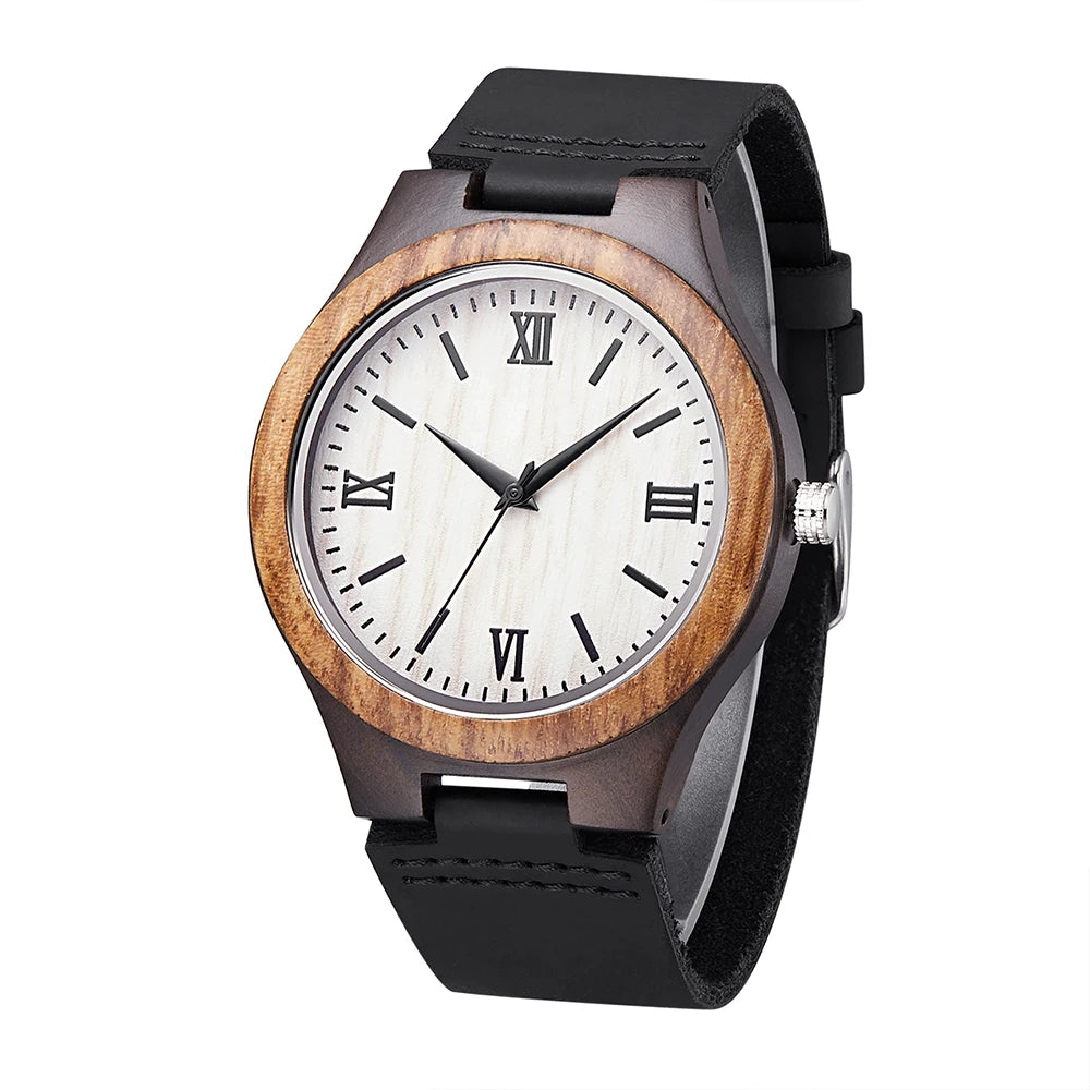 TJW Men's 100% Natural Ebony/Zebrawood Combination Wooden Business Watch Seiko Quartz Movement 45mm Pointer Dial Limited Edition