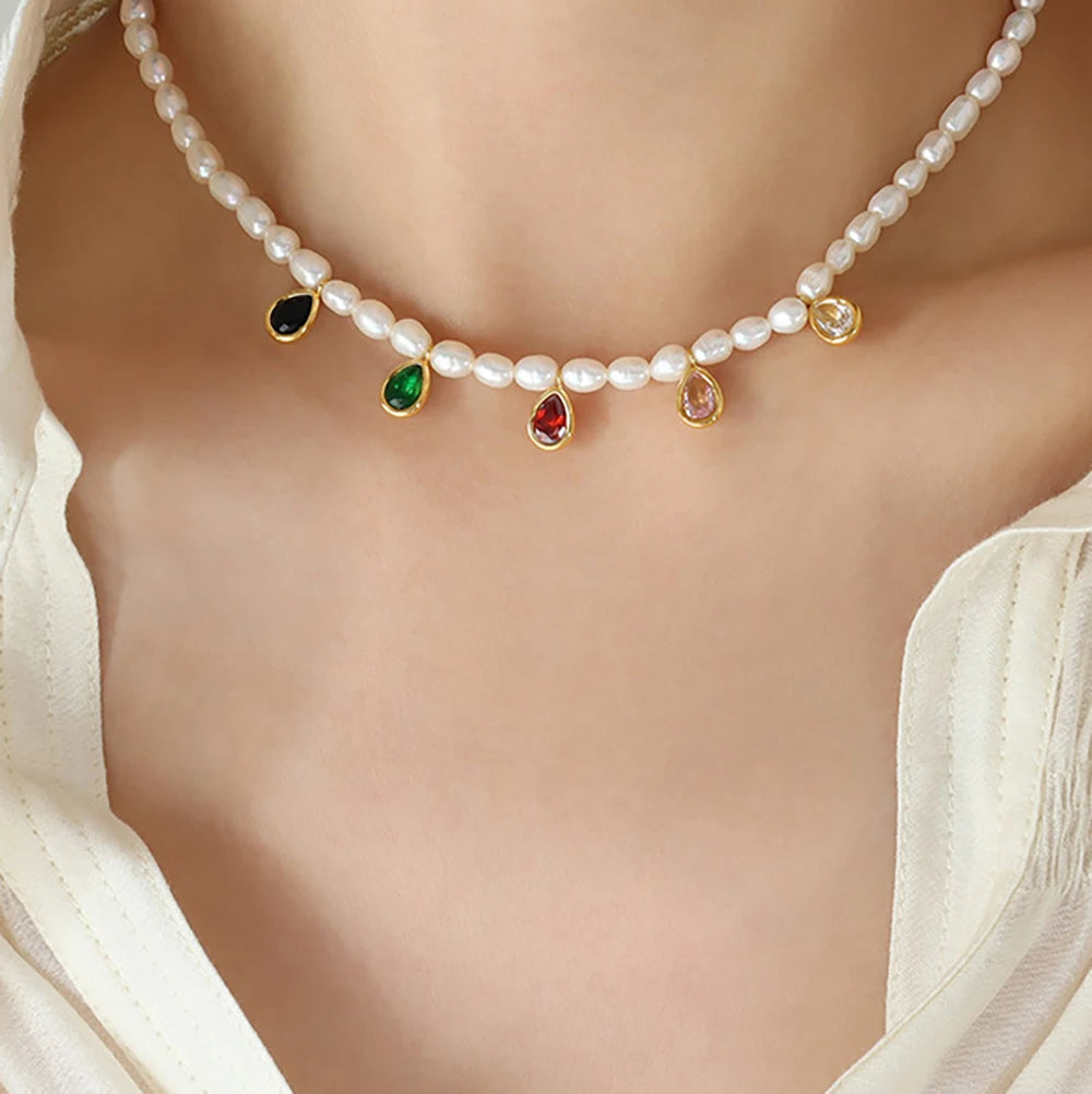 French Baroque Freshwater Pearl Stitching Contrast Color Crystal Stone Frigid Simple Necklace Clavicle Chain