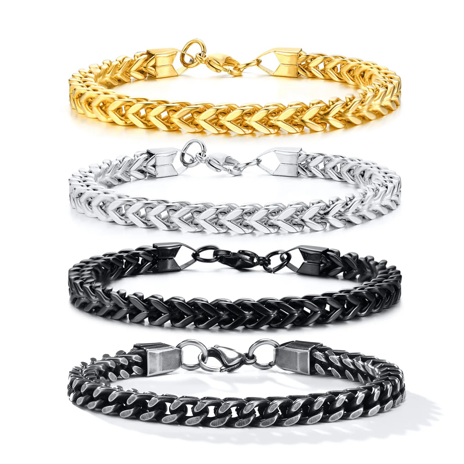 Men's Classic 6mm Stainless Steel Square Six-Sided Grinding Chain Domain-Bearing Anniversary Bracelet Bangle
