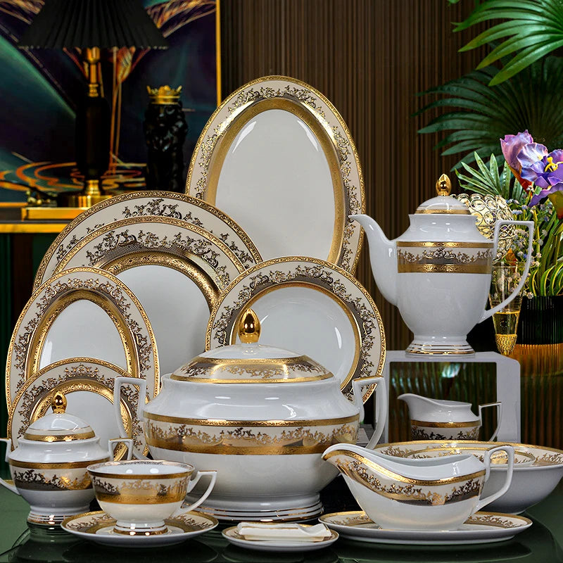 Karosa 98pcs Chinaware Luxury Porcelain Dinnerware Set Gold Design Bone China Dinner Plate Dishes Bowl Tea Coffee Cup Sets