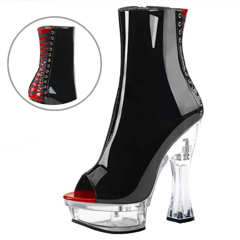 14cm back strap high-heeled PU leather boots ultra-high ankle Dance Shoes Sexy nightclub pole dance T-stage model walk show high