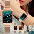 2022 OEM New Women Watches Quartz Fashion Square Ladies Watch Set Green Dial Simple Mesh Lady Female Elegant Dress Bracelet